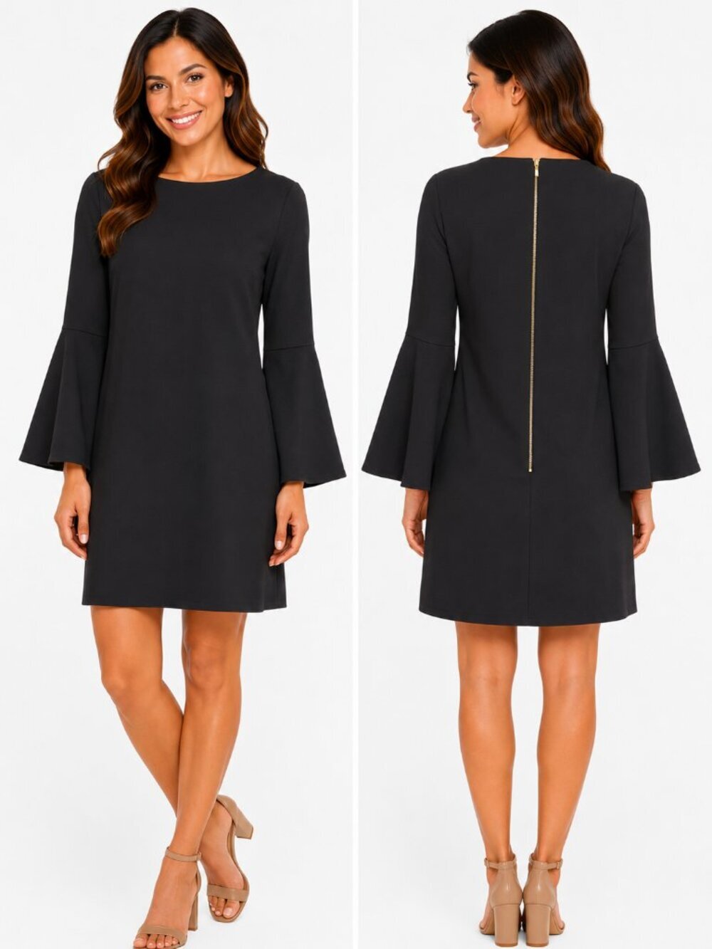 Calvin Klein Bell Sleeve Sheath Dress Black Gold Zip Size 4 Boat Neck